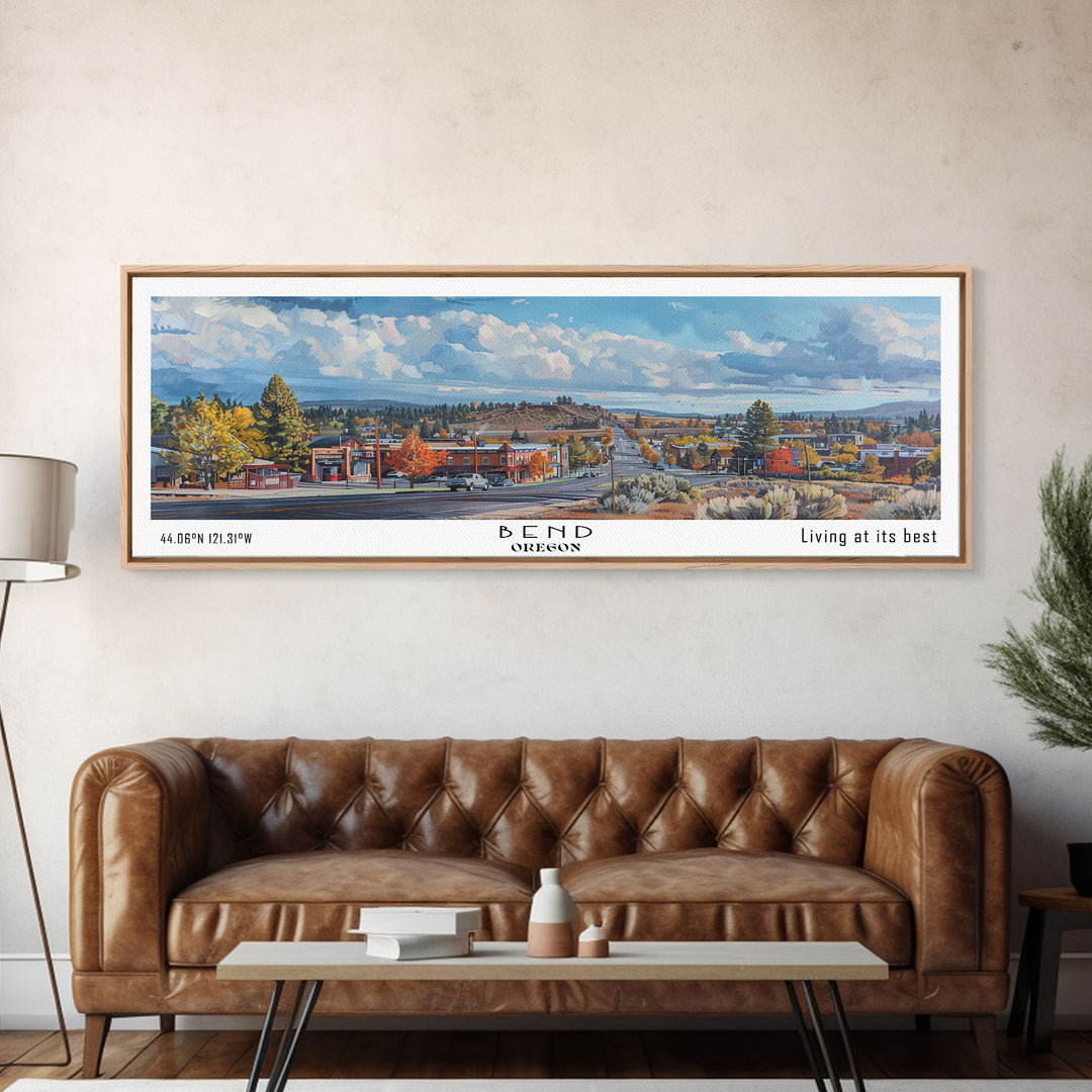 Bend Oregon Panoramic Watercolor Painting, Framed Canvas Print, Scenic City Art, Travel Poster, Wall Decor, Living Room Art, Gift Idea