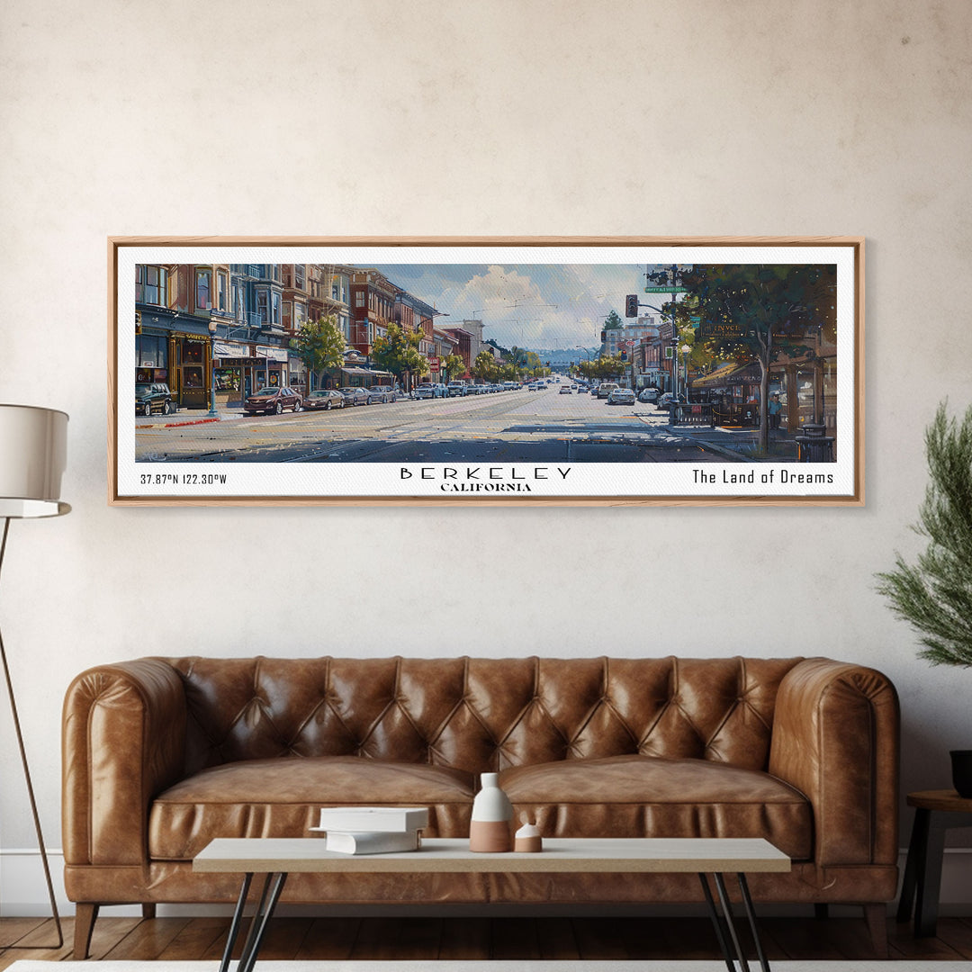Berkeley California Panoramic Painting, Watercolor Framed Canvas Print, Scenic City Art, Travel Poster, Home Decor, Wall Art, Office Wall Art