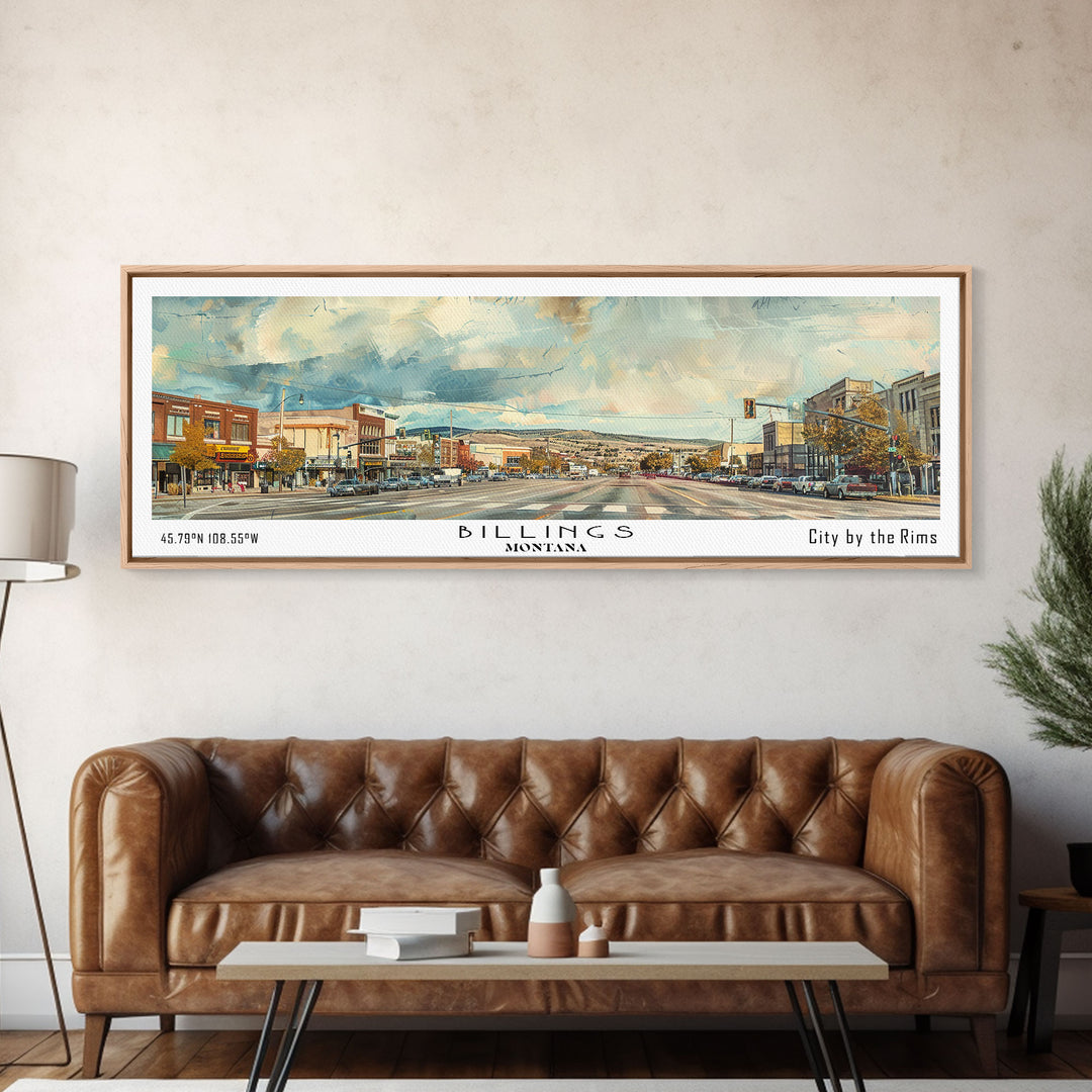 Billings Montana Panoramic Painting, Watercolor Framed Canvas Print, Scenic City Art, Travel Poster, Home Decor, Wall Hanging, Living Room Art