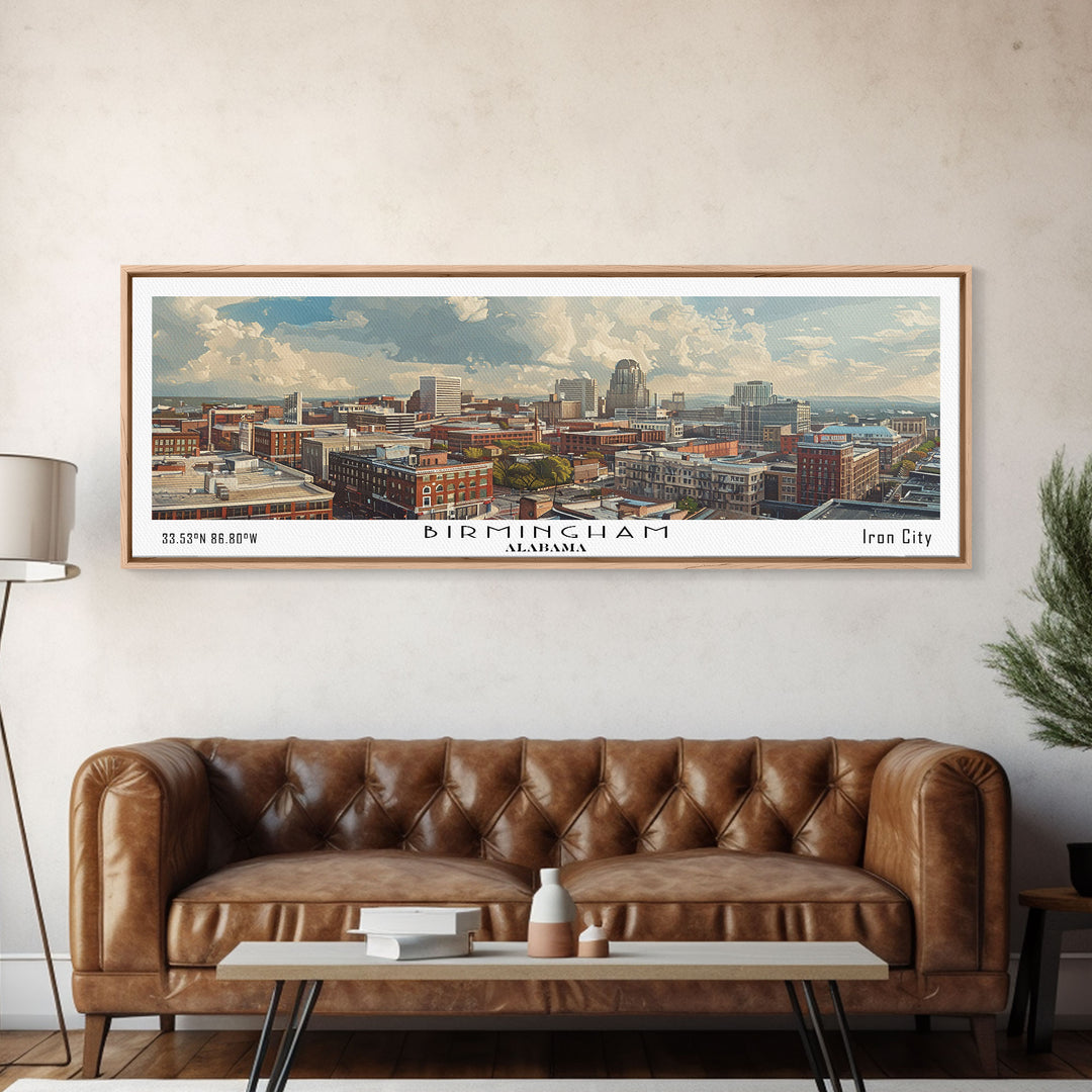 Birmingham Alabama Panoramic Painting, Watercolor Framed Canvas Print, Scenic City Art, Travel Poster, Wall Decor, Living Room Art, Gift Idea