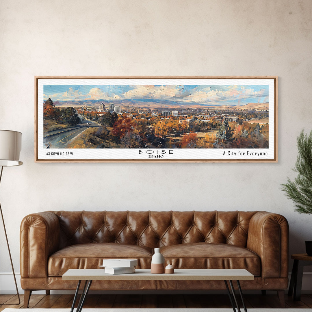 Boise Idaho Panoramic Painting, Watercolor Framed Canvas Print, Scenic City Art, Travel Poster, Home Decor, Wall Hanging, Living Room Art