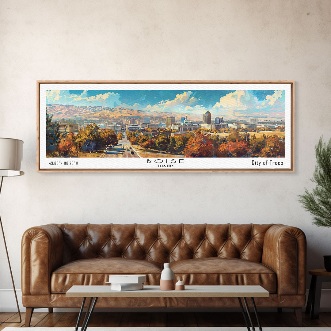 Boise Idaho Panoramic Watercolor Painting, Framed Canvas Print, Scenic City Art, Travel Poster, Wall Decor, Living Room Art, Gift Idea