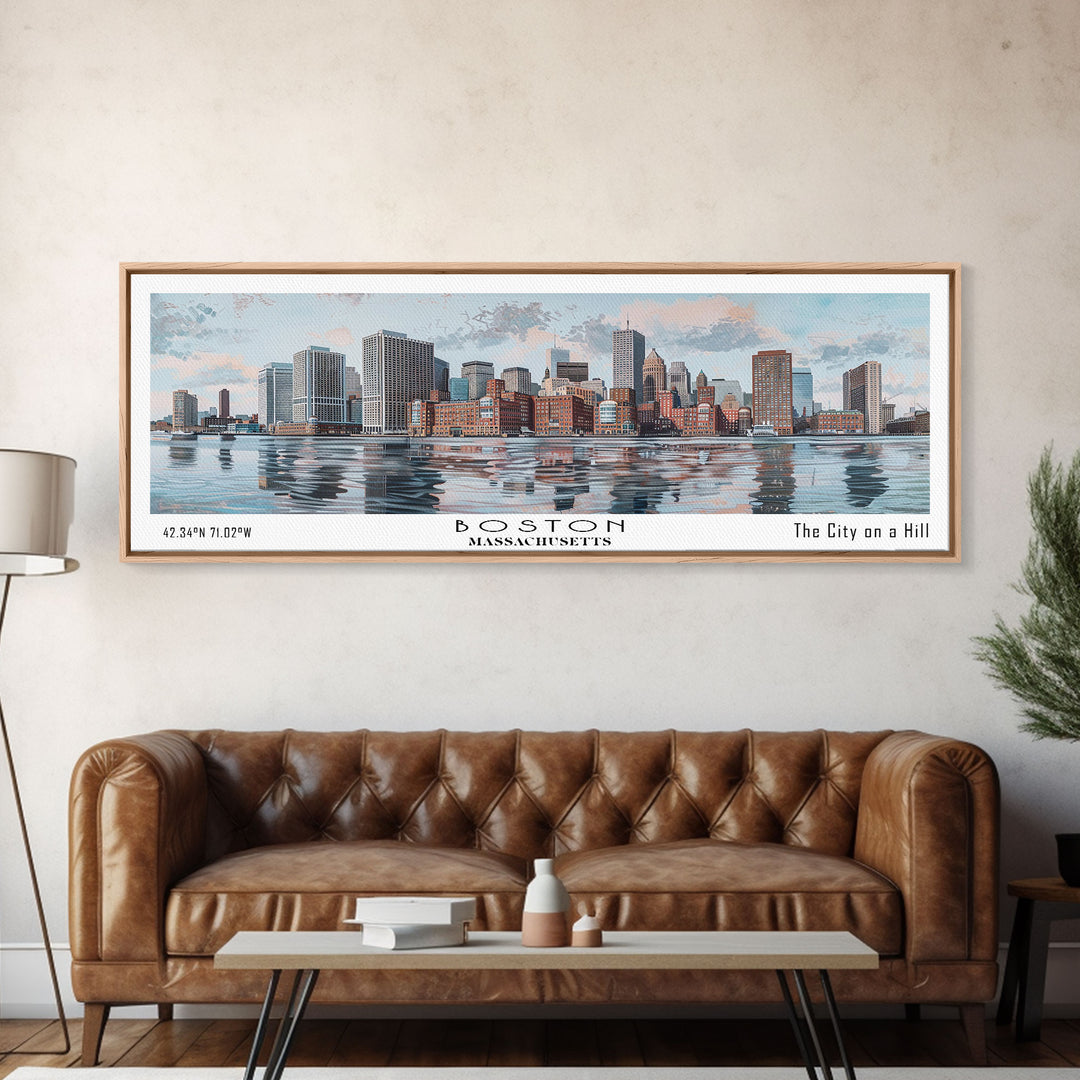 Boston Massachusetts Panoramic Painting, Watercolor Framed Canvas Print, Scenic City Art, Travel Poster, Home Decor, Wall Art, Office Wall Art