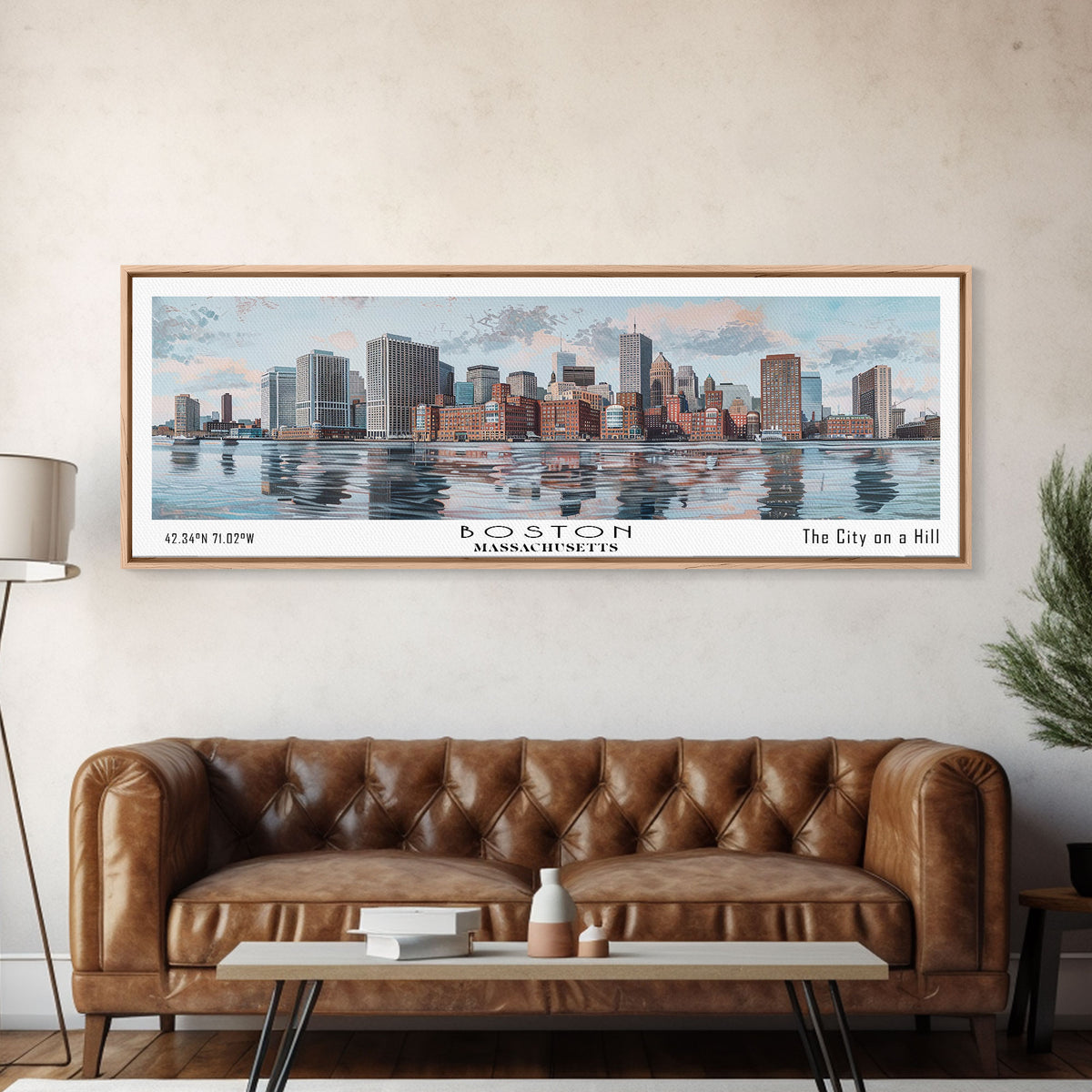 Boston Massachusetts Panoramic Painting, Watercolor Framed Canvas Print, Scenic City Art, Travel Poster, Home Decor, Wall Art, Office Wall Art