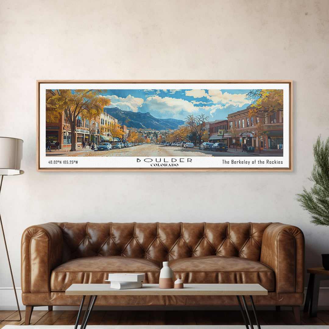 Boulder Colorado Panoramic Painting, Watercolor Framed Canvas Print, Scenic City Art, Travel Poster, Wall Decor, Living Room Art, Gift Idea