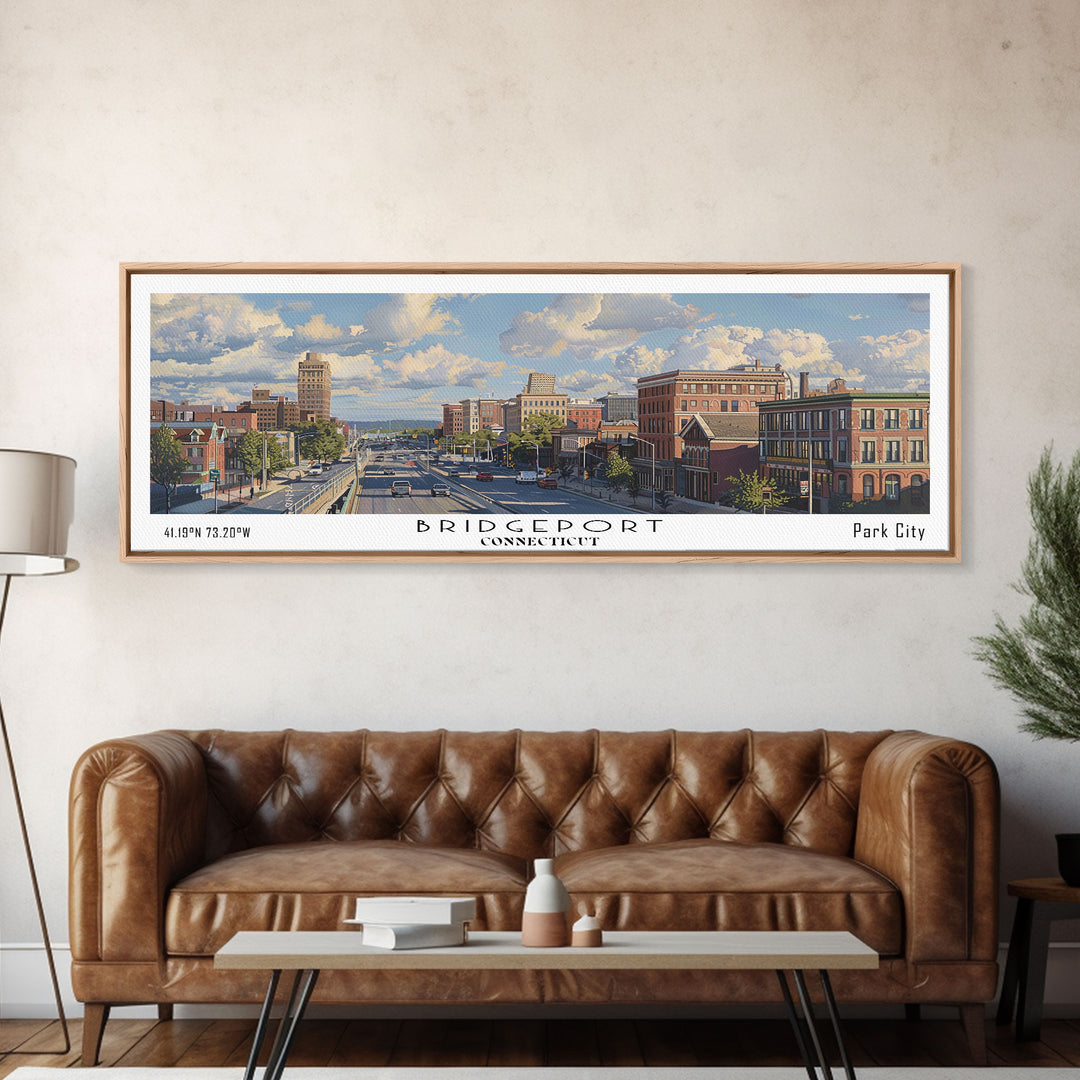 Bridgeport Connecticut Panoramic Painting, Watercolor Framed Canvas Print, Scenic City Art, Travel Poster, Home Decor, Wall Art, Office Wall Art