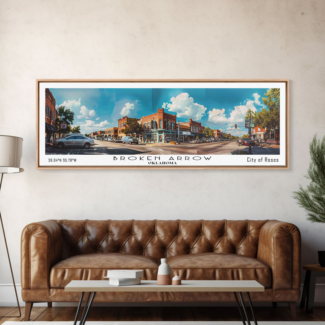 Broken Arrow Oklahoma Panoramic Painting, Watercolor Framed Canvas Print, Scenic City Art, Travel Poster, Home Decor, Wall Hanging, Living Room Art