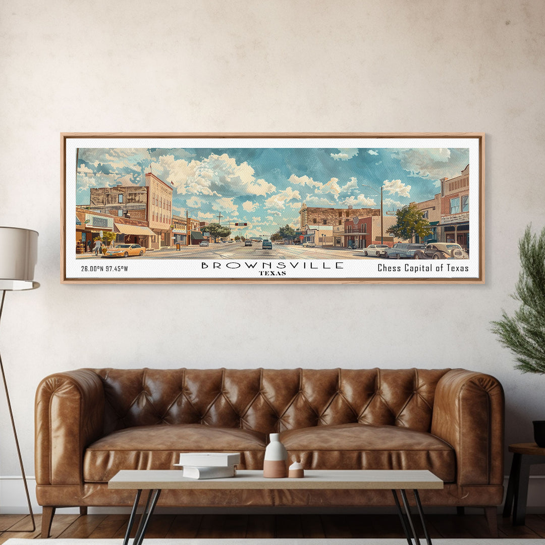 Brownsville Texas Panoramic Painting, Watercolor Framed Canvas Print, Scenic City Art, Travel Poster, Wall Decor, Living Room Art, Gift Idea