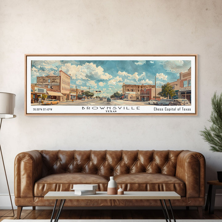 Brownsville Texas Panoramic Painting, Watercolor Framed Canvas Print, Scenic City Art, Travel Poster, Wall Decor, Living Room Art, Gift Idea