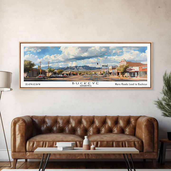 Buckeye Arizona Panoramic Watercolor Painting Framed Canvas Print, Travel Poster Art, Home Decor, Vibrant Arizona Cityscape, Office Decoration, Living Room Wall Art, Unique Gift