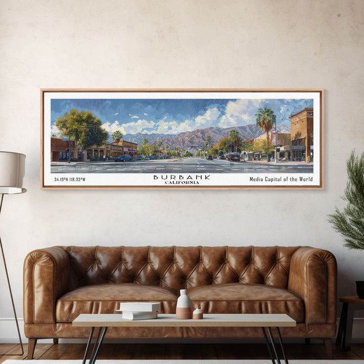 Burbank California Panoramic Watercolor Painting Framed Canvas Print, Travel Poster Art, Home Decor, Charming Cityscape, Bedroom Wall Art, Office Decoration, Gift for Travelers