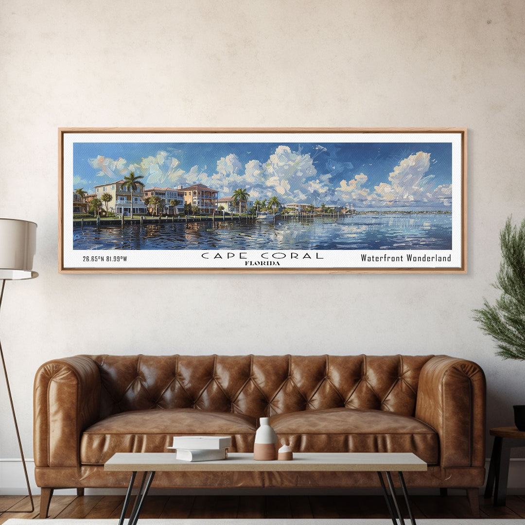 Cape Coral Florida Panoramic Watercolor Painting Framed Canvas Print, Travel Poster Art, Coastal Cityscape, Living Room Decor, Wall Hanging, Office Art, Unique Gift Idea