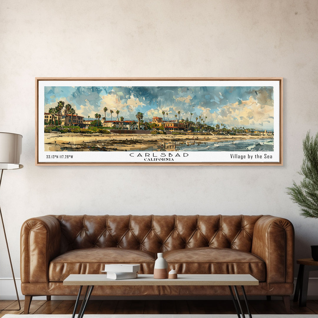 Carlsbad California Panoramic Watercolor Painting Framed Canvas Print, Travel Poster Art, Coastal Home Decor, Picturesque Cityscape, Wall Art for Bedroom, Office Wall Decoration, Travel Enthusiast Gift