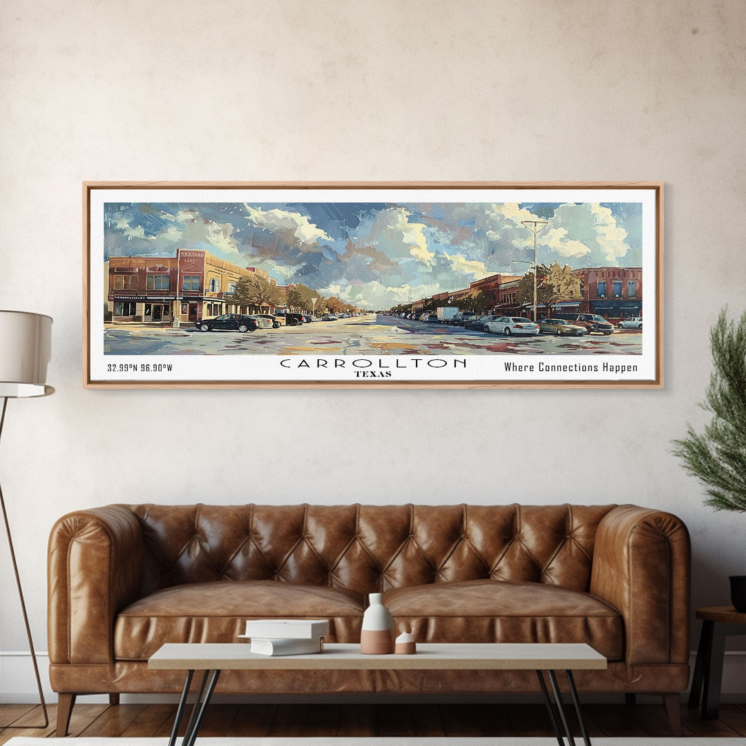 Carrolton Texas Panoramic Watercolor Painting Framed Canvas Print, Travel Poster Art, Home Decor, Texas City Landscape, Bedroom Wall Art, Office Decoration, Texas-Themed Gift