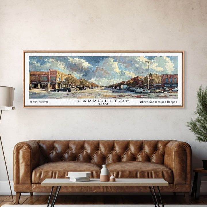 Carrolton Texas Panoramic Watercolor Painting Framed Canvas Print, Travel Poster Art, Home Decor, Texas City Landscape, Bedroom Wall Art, Office Decoration, Texas-Themed Gift