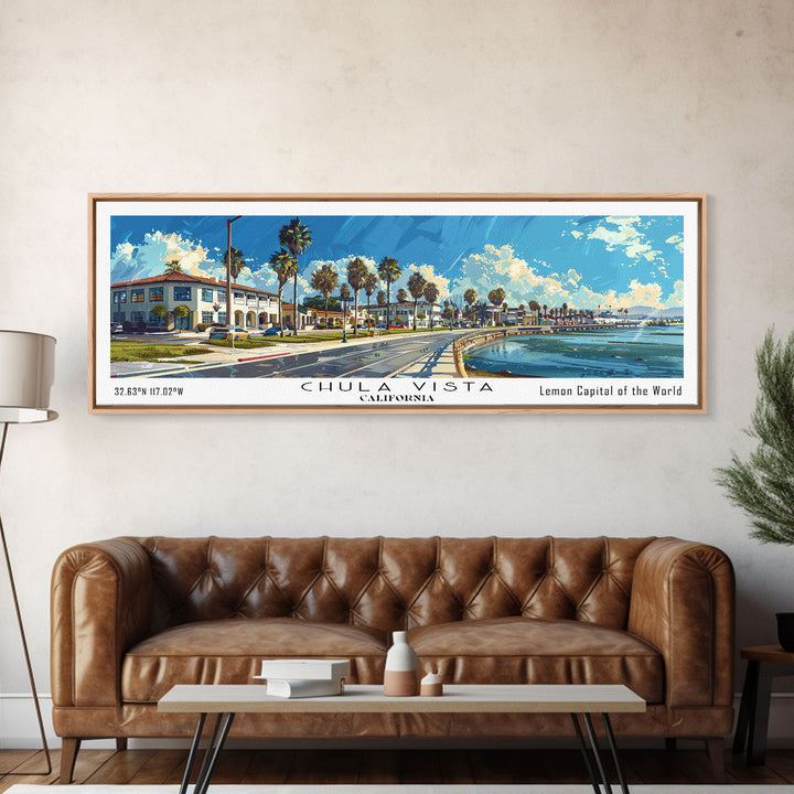 Chula Vista California Panoramic Watercolor Painting Framed Canvas Print, Travel Poster Art, Coastal View, Home Decor, Wall Hanging, Office Art, Gift for Coastal Lovers