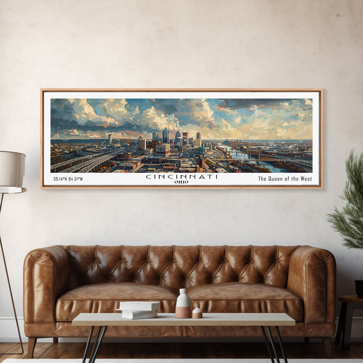 Cincinnati Ohio Panoramic Watercolor Painting Framed Canvas Print, Travel Poster Art, Urban Landscape, Bedroom Wall Art, Living Room Decoration, Office Wall Art, Ohio-Themed Gift