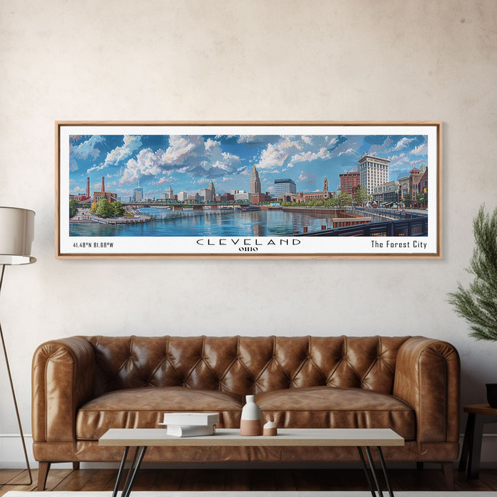 Cleveland Ohio Panoramic Watercolor Painting Framed Canvas Print, Travel Poster Art, Urban Landscape, Bedroom Wall Art, Living Room Decoration, Office Wall Art, Ohio-Themed Gift