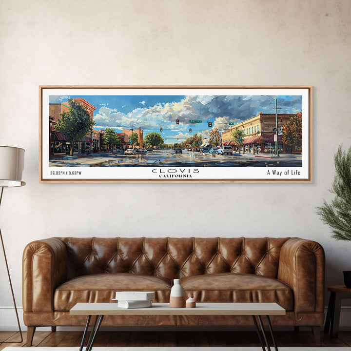 Clovis California Panoramic Watercolor Painting Framed Canvas Print, Travel Poster Art, Picturesque Landscape, Home Decor, Living Room Wall Art, Office Decoration, Unique Travel Gift