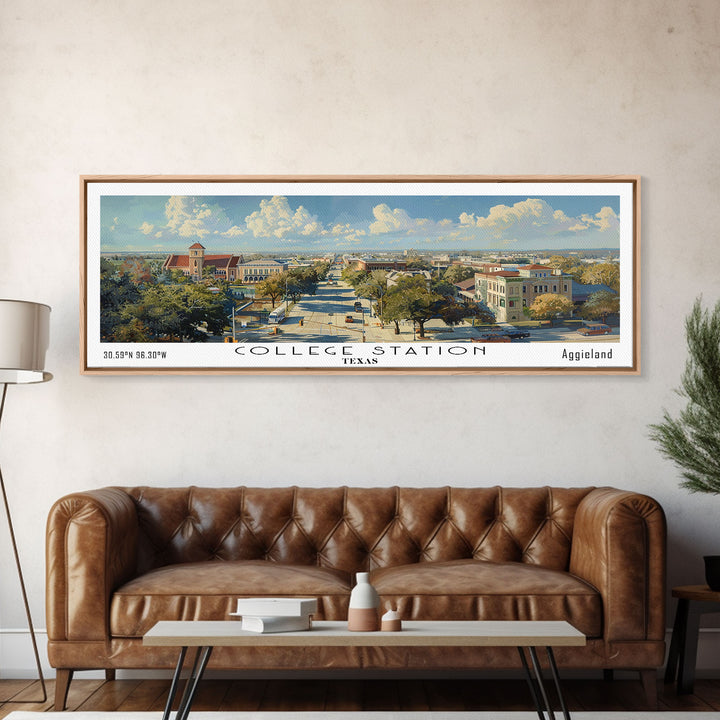 College Station Texas Panoramic Watercolor Painting Framed Canvas Print, Travel Poster Art, Cityscape, Living Room Decor, Wall Hanging, Office Art, Texas-Themed Gift