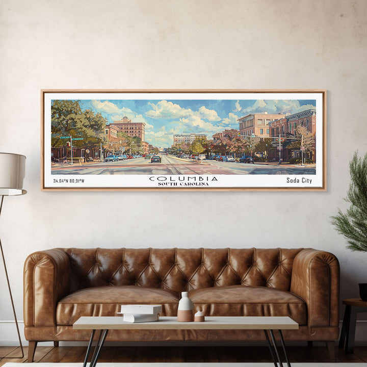 Columbia South Carolina Panoramic Watercolor Painting Framed Canvas Print, Travel Poster Art, Urban Cityscape, Living Room Decor, Wall Hanging, Office Art, Southern Charm Gift