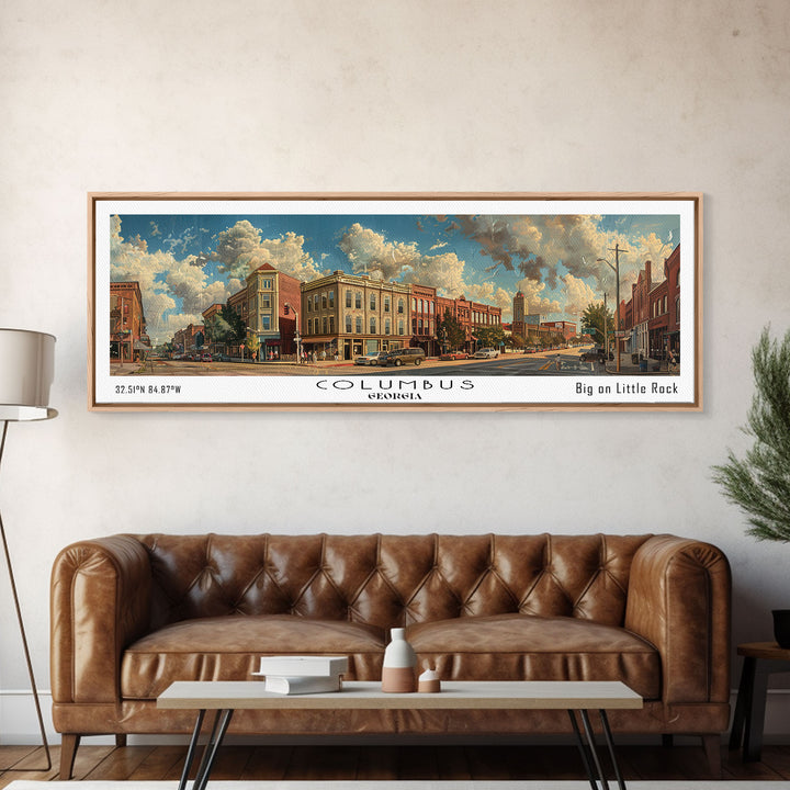 Columbus Georgia Panoramic Watercolor Painting Framed Canvas Print, Travel Poster Art, Urban Landscape, Bedroom Wall Art, Living Room Decoration, Office Wall Art, Georgia-Themed Gift