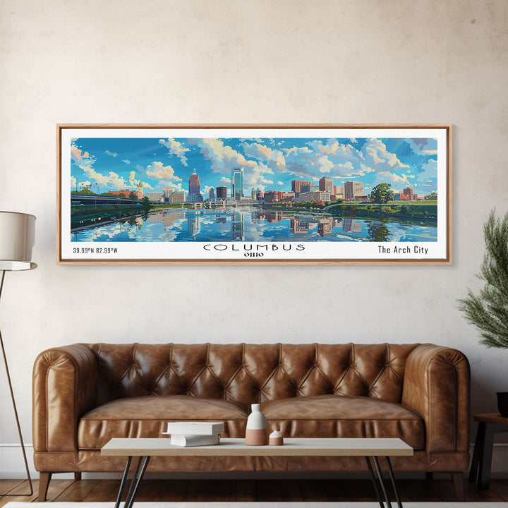 Columbus Ohio Panoramic Watercolor Painting Framed Canvas Print, Travel Poster Art, Urban Cityscape, Home Decor, Living Room Wall Art, Office Decoration, Gift for Ohioans