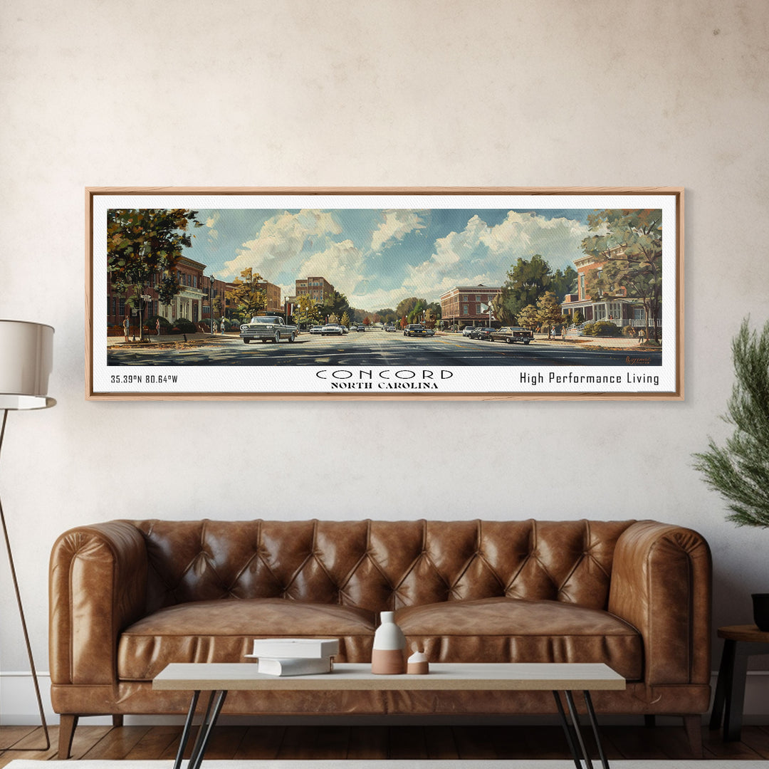 Concord North Carolina Panoramic Watercolor Painting Framed Canvas Print, Travel Poster Art, Urban Cityscape, Living Room Decor, Wall Hanging, Office Art, Southern Charm Gift