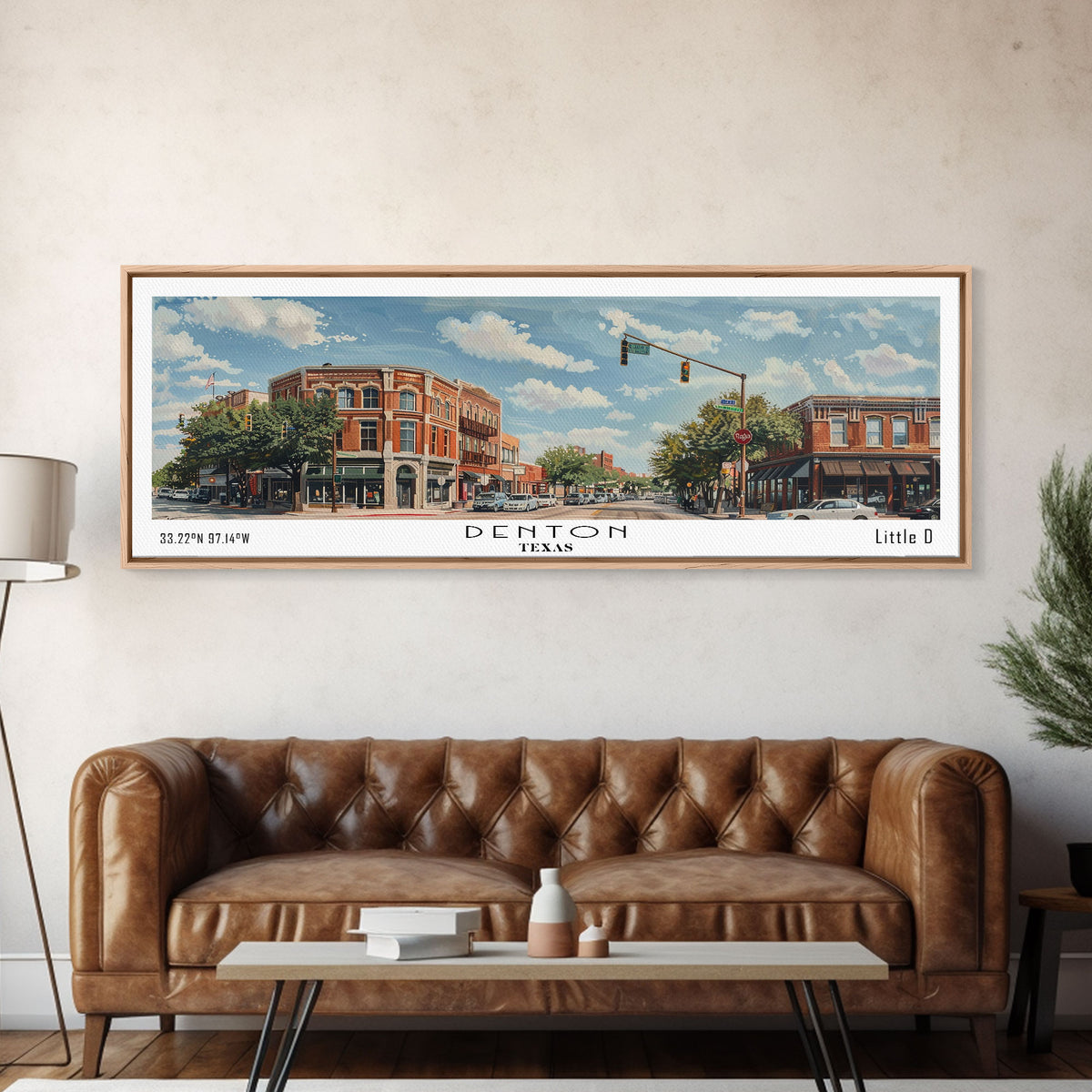 Denton Texas Panoramic Watercolor Painting, Scenic Framed Canvas Print, Urban Wall Art for Living Room, Travel Decor, City Print, Gift Idea