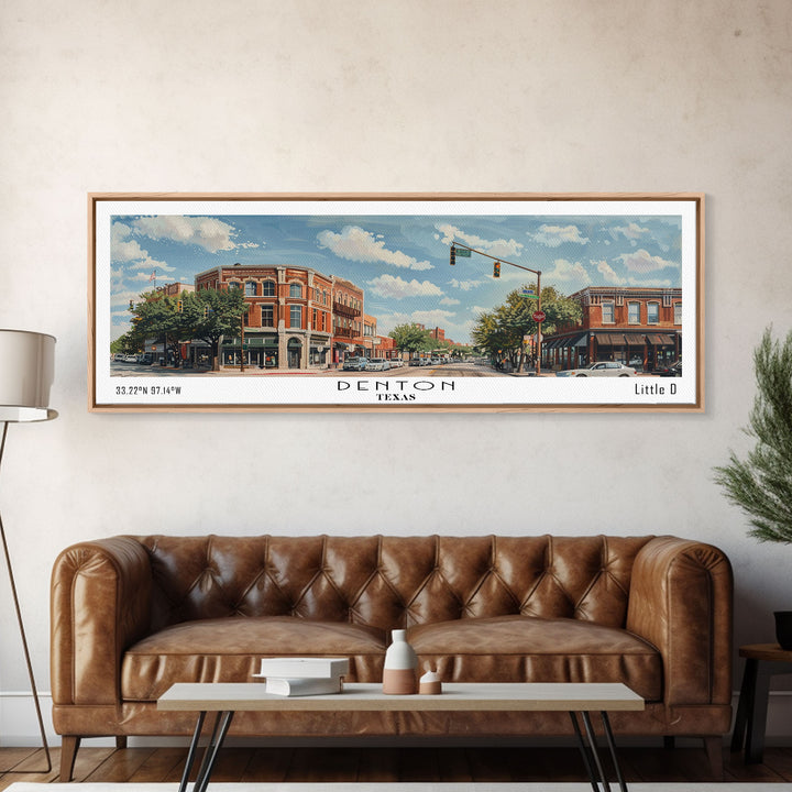 Denton Texas Panoramic Watercolor Painting, Scenic Framed Canvas Print, Urban Wall Art for Living Room, Travel Decor, City Print, Gift Idea