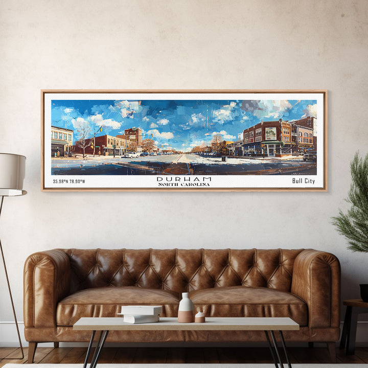 Durham North Carolina Panoramic Watercolor Painting, Scenic Framed Canvas Print, Urban Wall Art for Living Room, Travel Decor, City Print, Gift Idea
