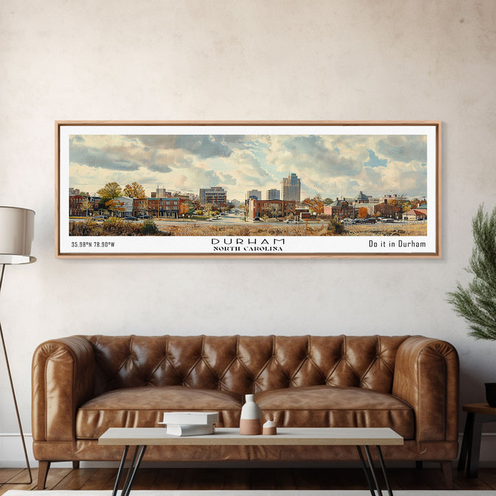 Durham North Carolina Panoramic Watercolor Painting, Scenic Framed Canvas Print, Urban Wall Art for Living Room, Travel Decor, City Print, Gift Idea