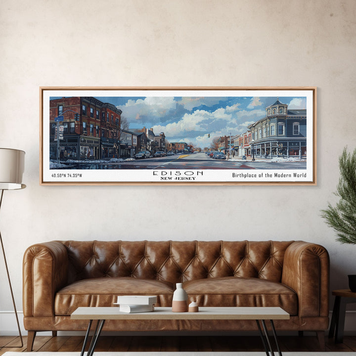 Edison New Jersey Panoramic Watercolor Painting, Scenic Framed Canvas Print, Urban Wall Art for Living Room, Travel Poster, Home Decor, City Gift Idea