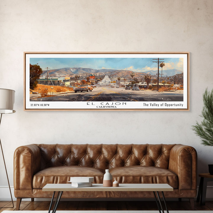 El Cajon California Panoramic Watercolor Painting, Scenic Framed Canvas Print, Urban Wall Art for Office, Travel Decor, City Print, Gift Idea
