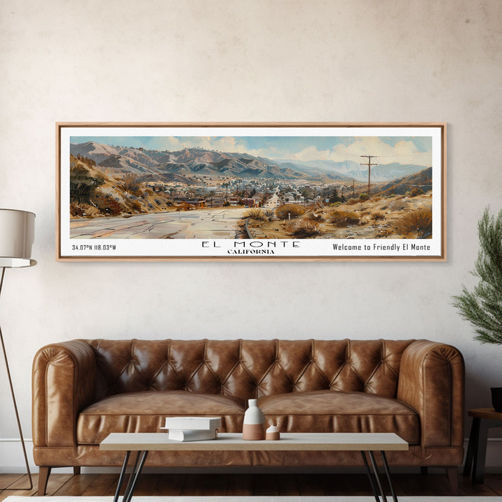 El Monte California Panoramic Watercolor Painting, Scenic Framed Canvas Print, Urban Wall Art for Office, Travel Decor, City Print, Gift Idea
