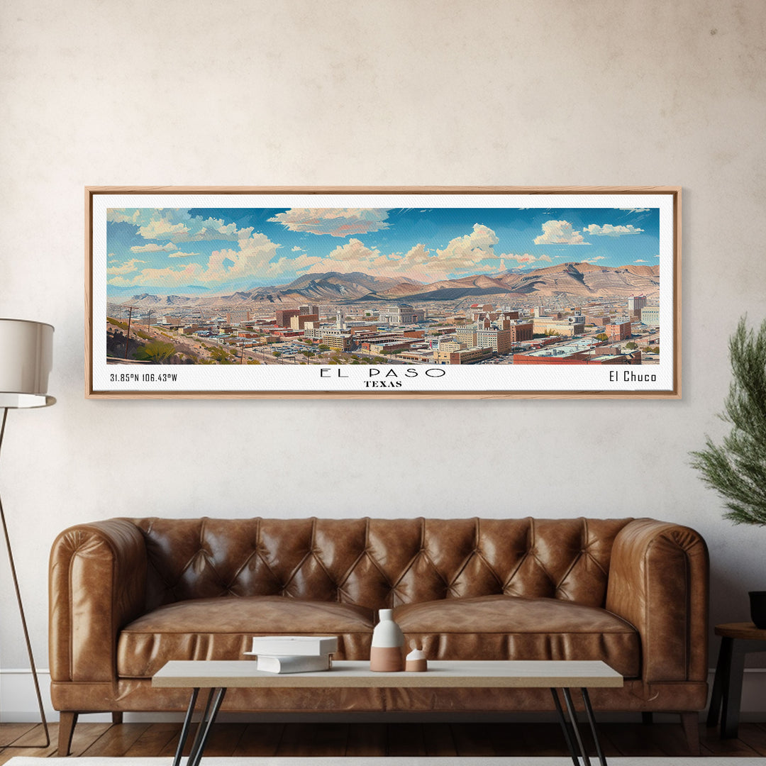 El Paso Texas Panoramic Watercolor Painting, Scenic Framed Canvas Print, Urban Wall Art for Living Room, Travel Decor, City Print, Gift Idea