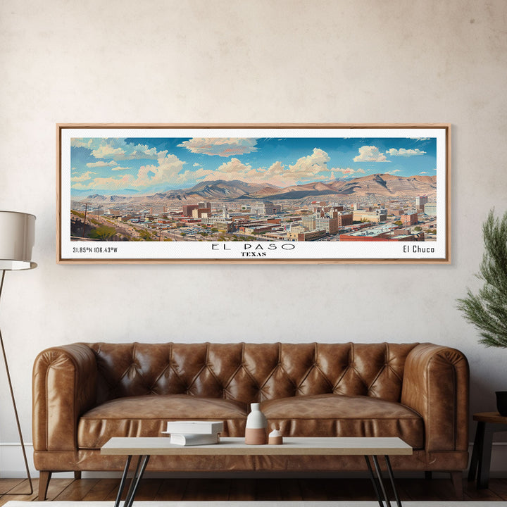 El Paso Texas Panoramic Watercolor Painting, Scenic Framed Canvas Print, Urban Wall Art for Living Room, Travel Decor, City Print, Gift Idea