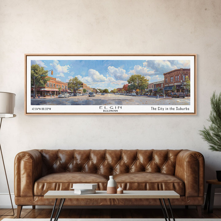 Elgin Illinois Panoramic Watercolor Painting, Scenic Framed Canvas Print, Urban Wall Art for Living Room, Travel Poster, Home Decor, City Gift Idea