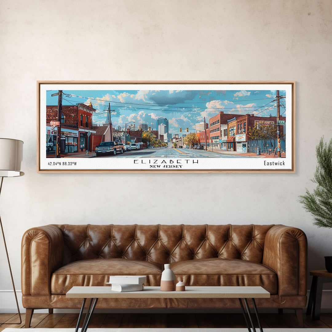 Elizabeth New Jersey Panoramic Watercolor Painting, Scenic Framed Canvas Print, Urban Wall Art for Office, Travel Decor, City Print, Gift Idea