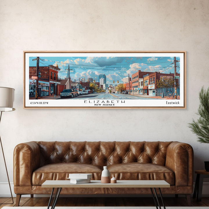 Elizabeth New Jersey Panoramic Watercolor Painting, Scenic Framed Canvas Print, Urban Wall Art for Office, Travel Decor, City Print, Gift Idea