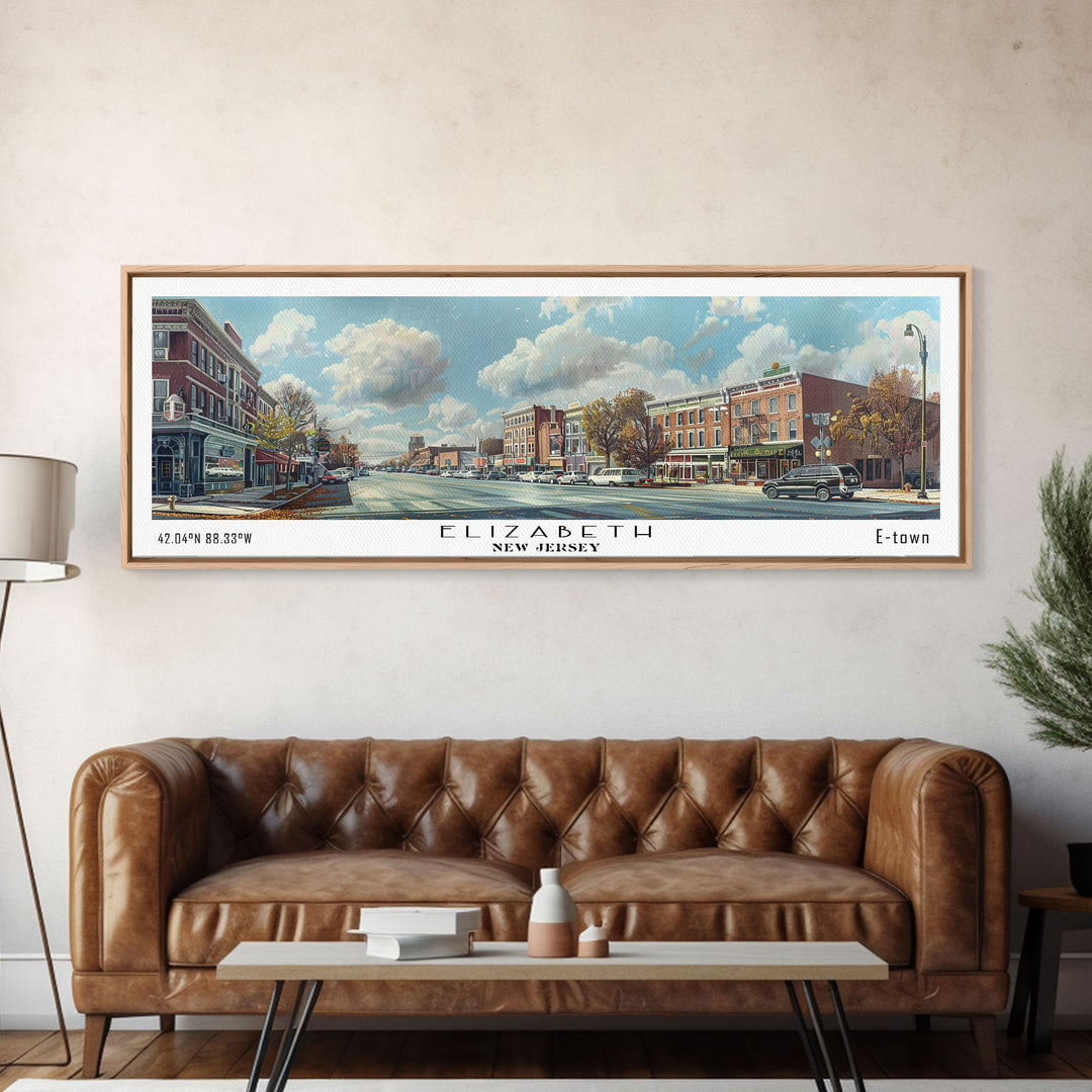 Elizabeth New Jersey Panoramic Watercolor Painting, Scenic Framed Canvas Print, Urban Wall Art for Office, Travel Decor, City Print, Gift Idea