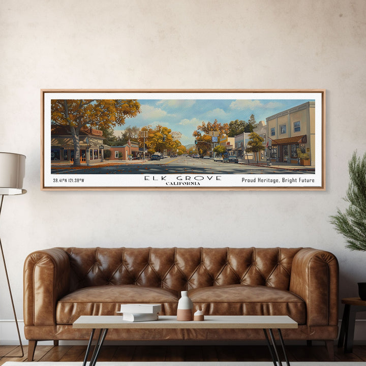 Elk Grove California Panoramic Watercolor Painting, Scenic Framed Canvas Print, Urban Wall Art for Living Room, Travel Poster, Home Decor, City Gift Idea