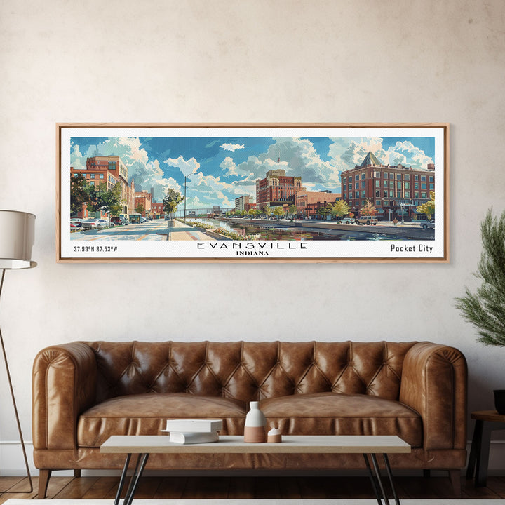 Evansville Indiana Panoramic Watercolor Painting, Scenic Framed Canvas Print, Urban Wall Art for Living Room, Travel Poster, Home Decor, City Gift Idea