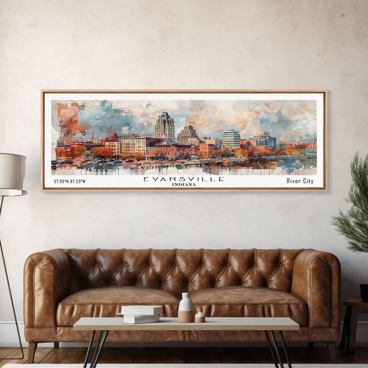 Evansville Indiana Panoramic Watercolor Painting, Scenic Framed Canvas Print, Urban Wall Art for Living Room, Travel Poster, Home Decor, City Gift Idea