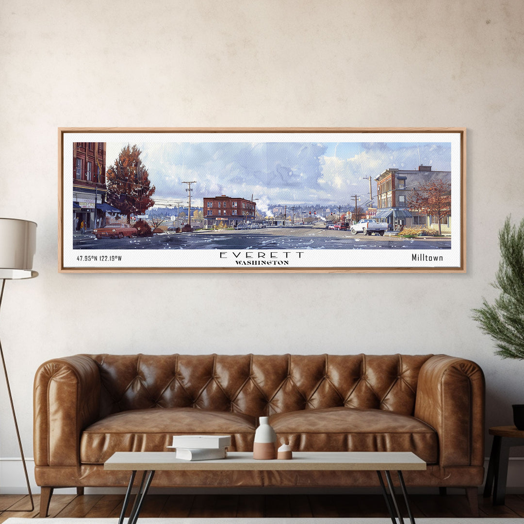 Everett Washington Panoramic Watercolor Painting, Scenic Framed Canvas Print, Urban Wall Art for Office, Travel Decor, City Print, Gift Idea