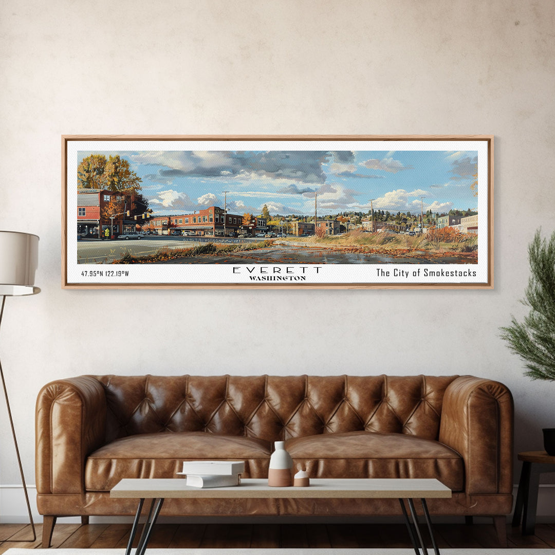 Everett Washington Panoramic Watercolor Painting, Scenic Framed Canvas Print, Urban Wall Art for Office, Travel Decor, City Print, Gift Idea