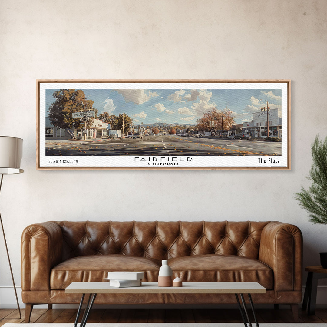 Fairfield California Panoramic Watercolor Painting, Scenic Framed Canvas Print, Urban Wall Art for Living Room, Travel Poster, Home Decor, City Gift Idea