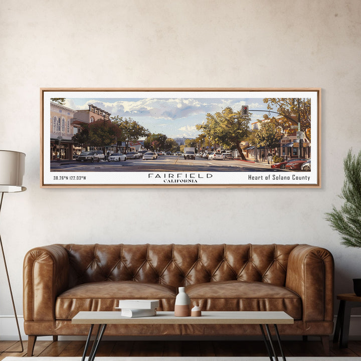 Fairfield California Panoramic Watercolor Painting, Scenic Framed Canvas Print, Urban Wall Art for Living Room, Travel Poster, Home Decor, City Gift Idea