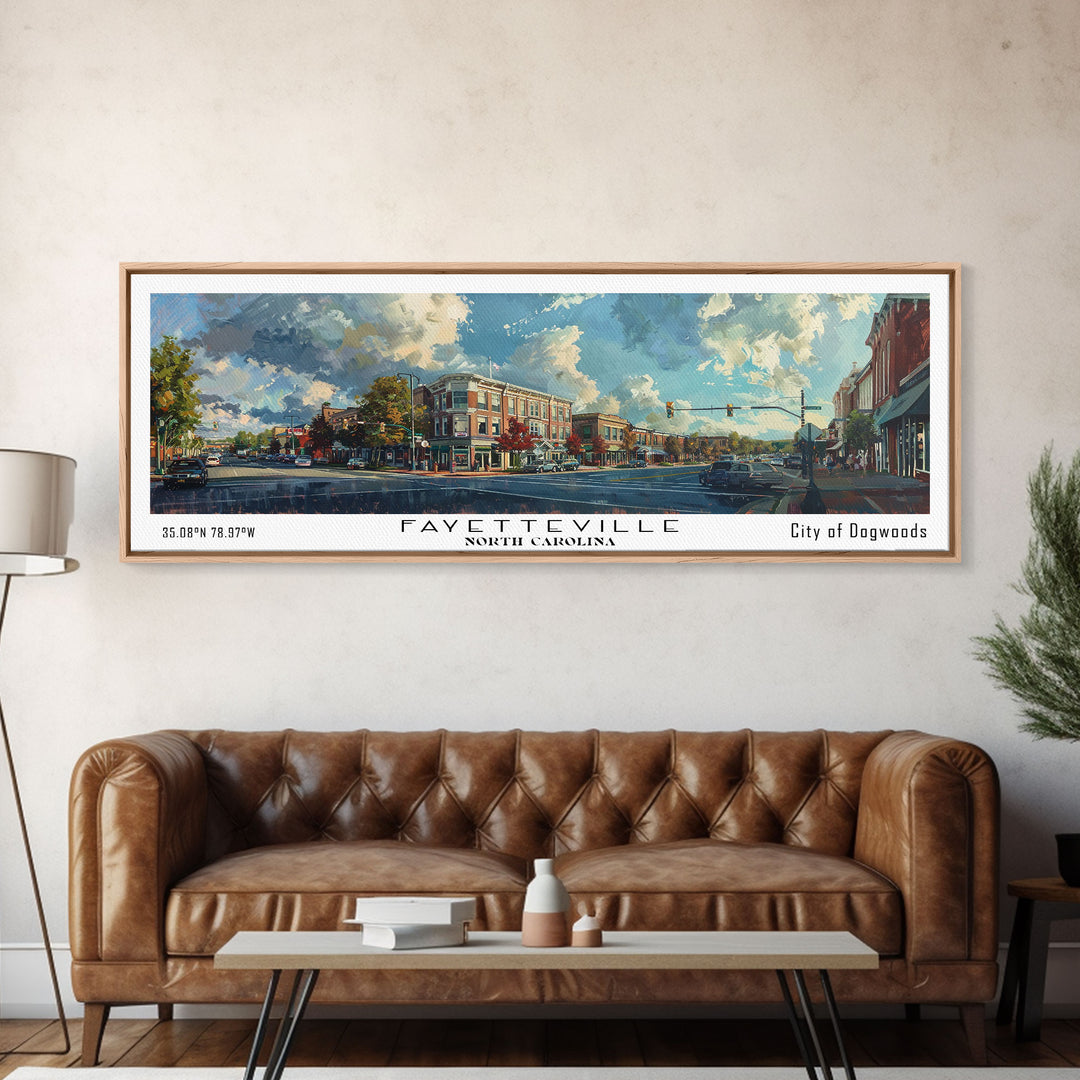 Fayetteville North Carolina Panoramic Watercolor Painting, Scenic Framed Canvas Print, Urban Wall Art for Living Room, Travel Poster, Home Decor, City Gift Idea