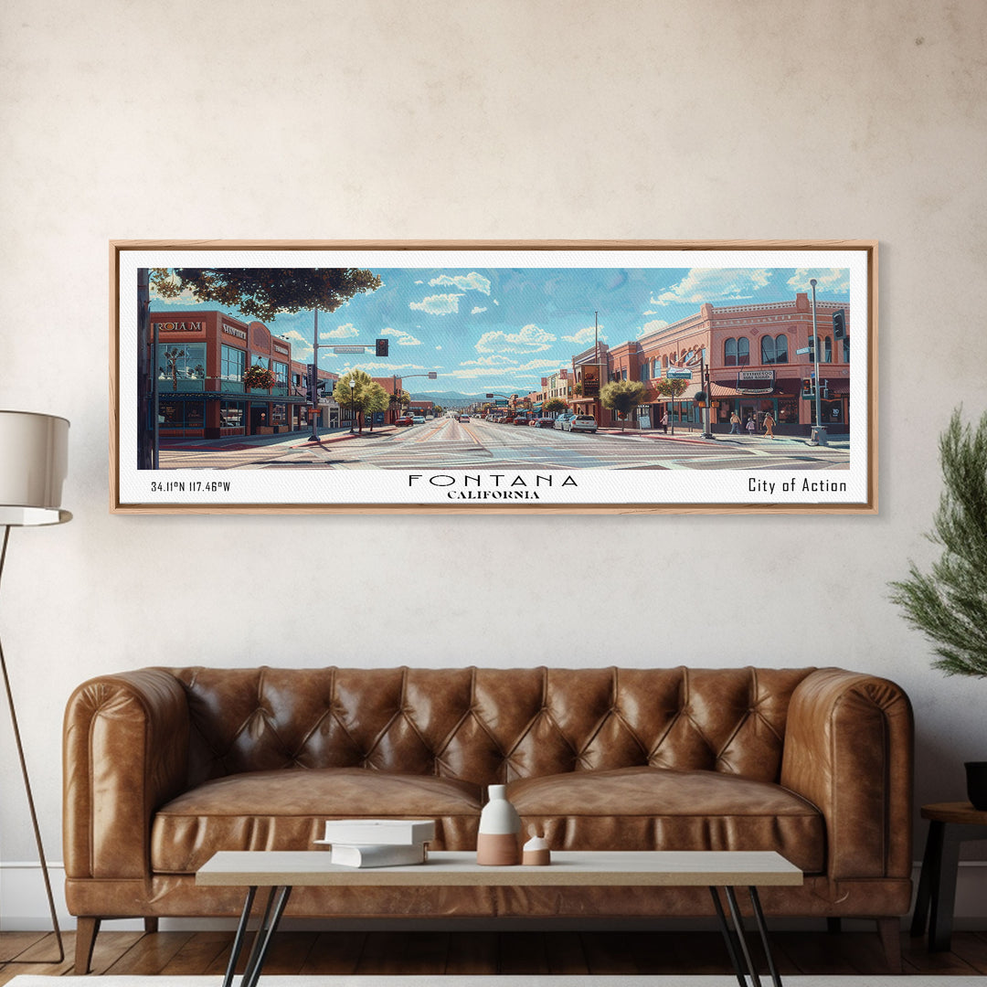 Fontana California Panoramic Watercolor Painting, Scenic Framed Canvas Print, Urban Wall Art for Living Room, Travel Poster, Home Decor, City Gift Idea